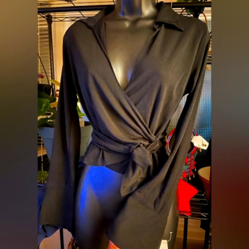 Black V- Neck Cross Over Long Sleeve Shirt